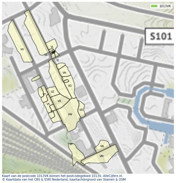 Afbeelding van het postcodegebied 1013 VK op de kaart.