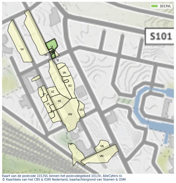 Afbeelding van het postcodegebied 1013 VL op de kaart.