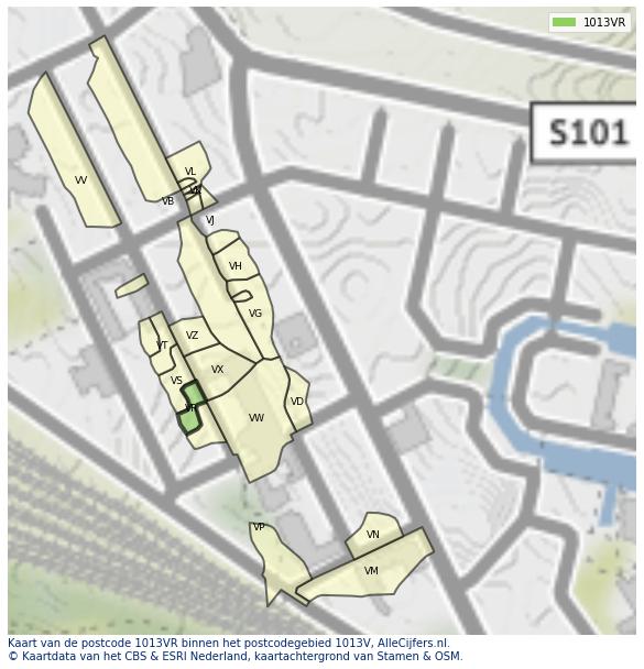 Afbeelding van het postcodegebied 1013 VR op de kaart.