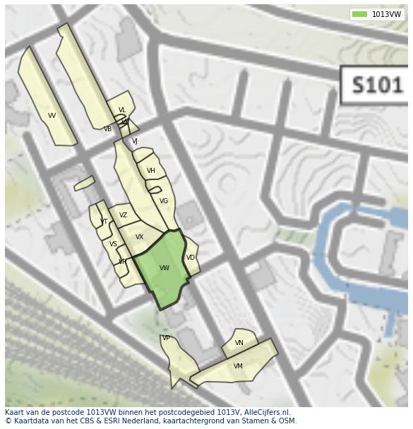 Afbeelding van het postcodegebied 1013 VW op de kaart.