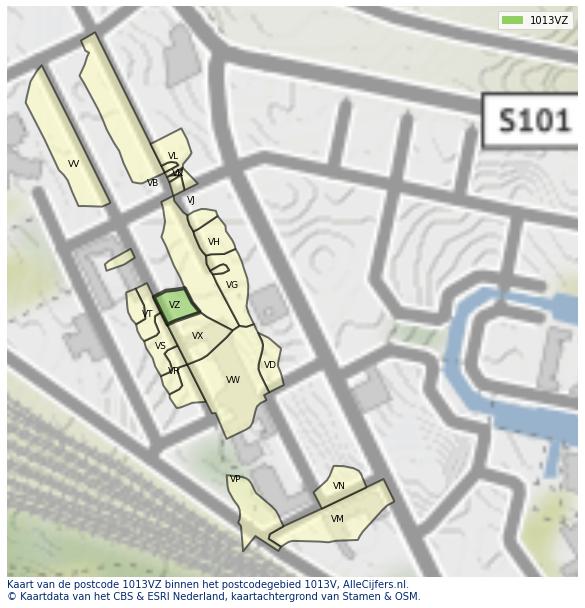 Afbeelding van het postcodegebied 1013 VZ op de kaart.