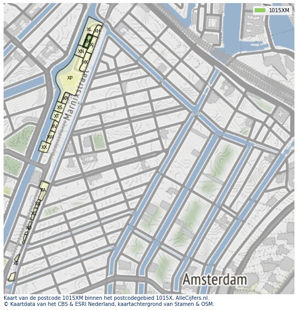 Afbeelding van het postcodegebied 1015 XM op de kaart.