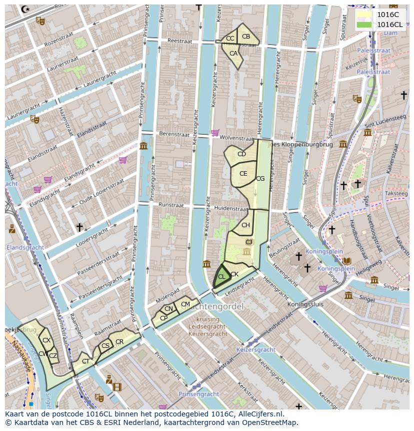 Afbeelding van het postcodegebied 1016 CL op de kaart.