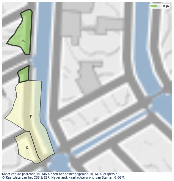 Afbeelding van het postcodegebied 1016 JA op de kaart.