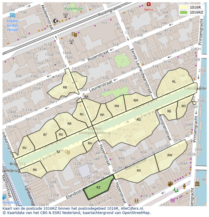 Afbeelding van het postcodegebied 1016 RZ op de kaart.