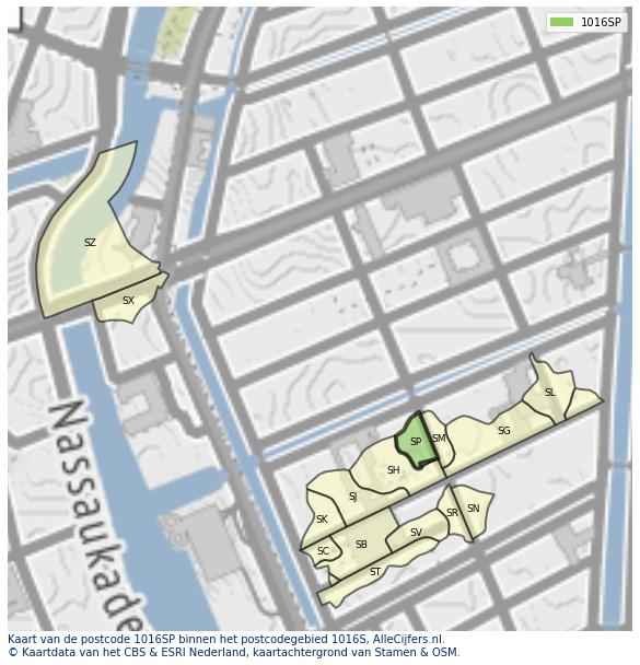Afbeelding van het postcodegebied 1016 SP op de kaart.