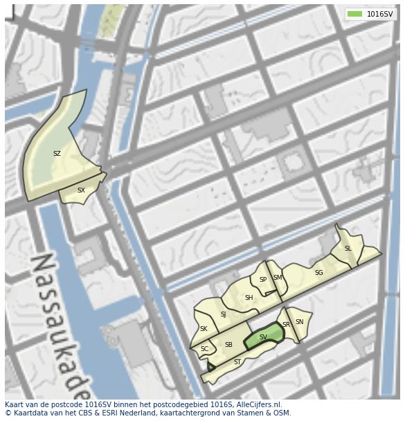Afbeelding van het postcodegebied 1016 SV op de kaart.