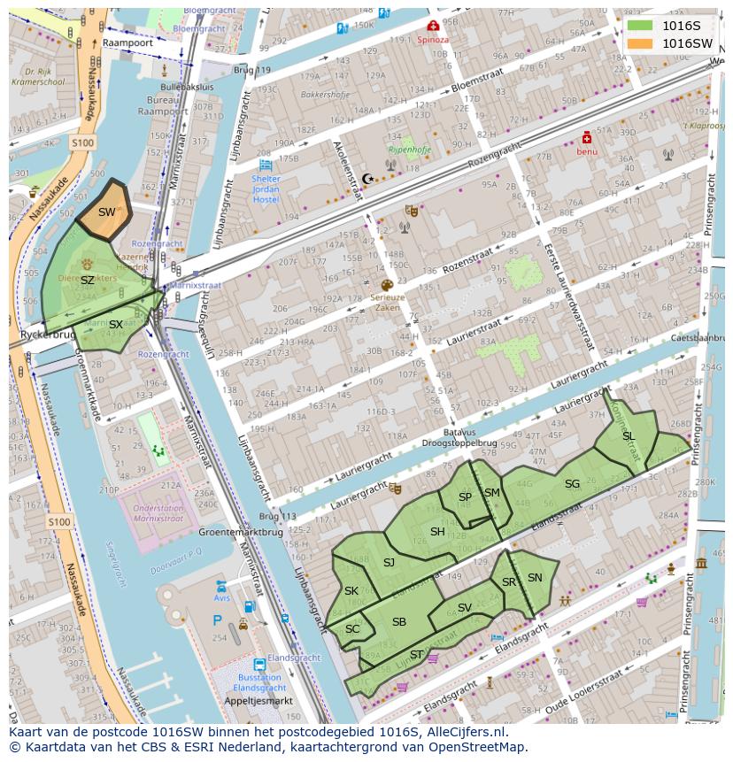 Afbeelding van het postcodegebied 1016 SW op de kaart.