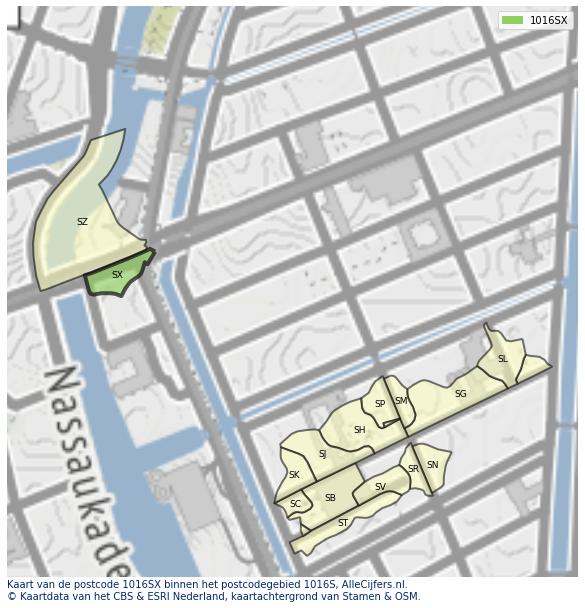 Afbeelding van het postcodegebied 1016 SX op de kaart.