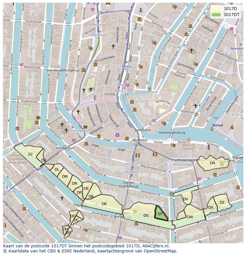 Afbeelding van het postcodegebied 1017 DT op de kaart.