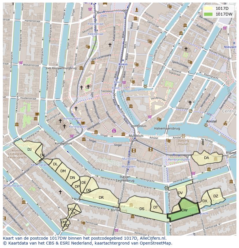 Afbeelding van het postcodegebied 1017 DW op de kaart.