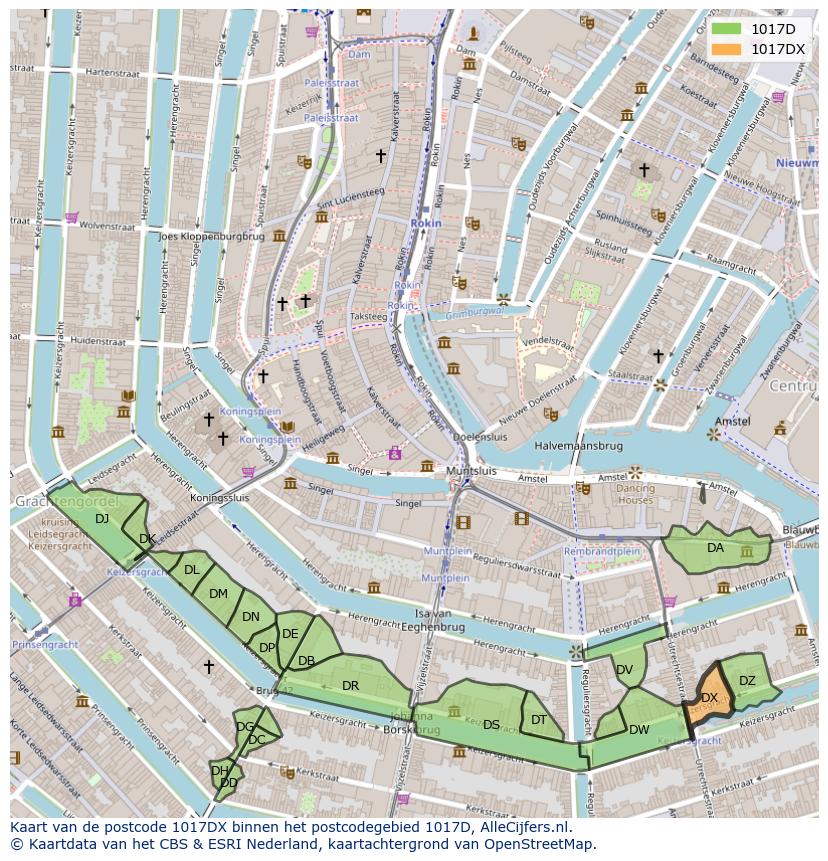 Afbeelding van het postcodegebied 1017 DX op de kaart.