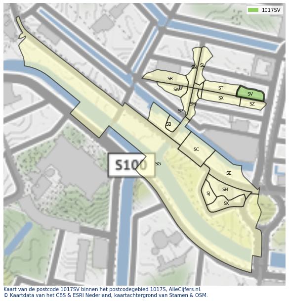 Afbeelding van het postcodegebied 1017 SV op de kaart.
