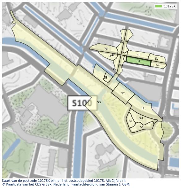 Afbeelding van het postcodegebied 1017 SX op de kaart.