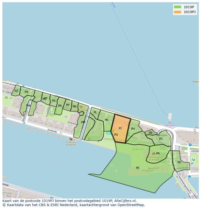 Afbeelding van het postcodegebied 1019 PJ op de kaart.