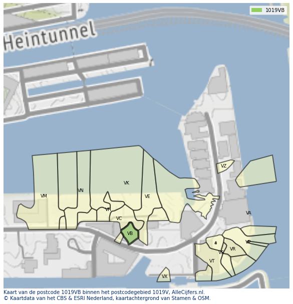Afbeelding van het postcodegebied 1019 VB op de kaart.