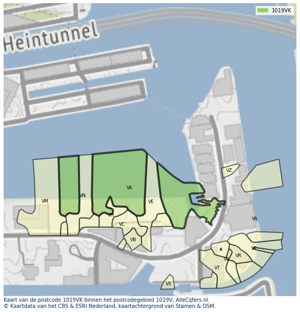 Afbeelding van het postcodegebied 1019 VK op de kaart.