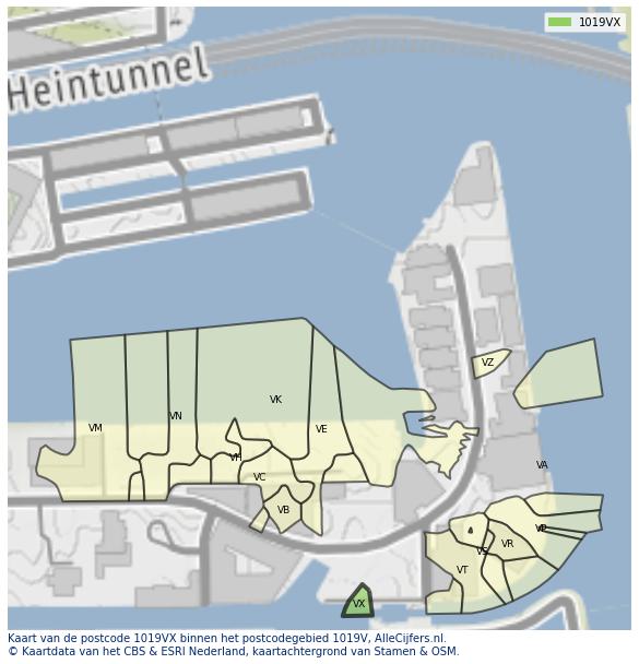 Afbeelding van het postcodegebied 1019 VX op de kaart.