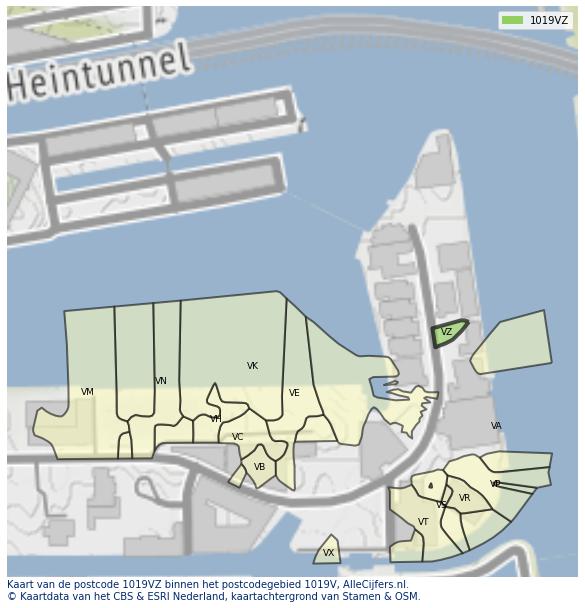 Afbeelding van het postcodegebied 1019 VZ op de kaart.