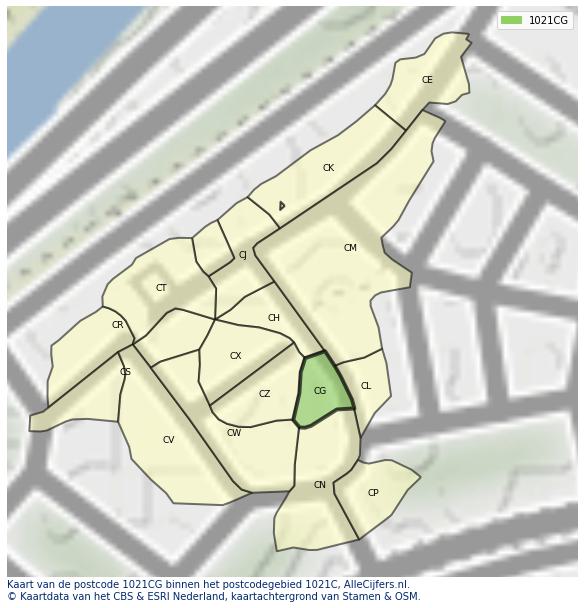 Afbeelding van het postcodegebied 1021 CG op de kaart.