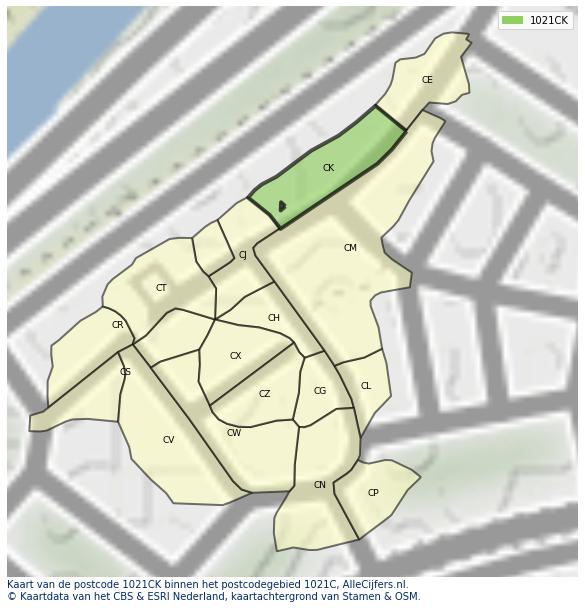 Afbeelding van het postcodegebied 1021 CK op de kaart.