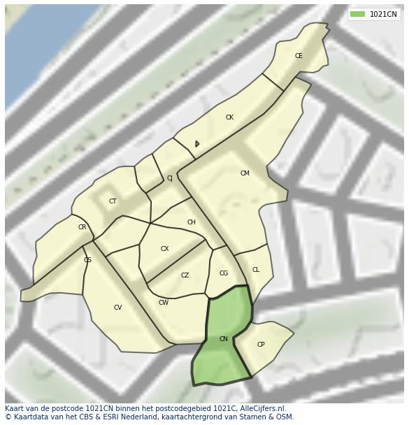 Afbeelding van het postcodegebied 1021 CN op de kaart.