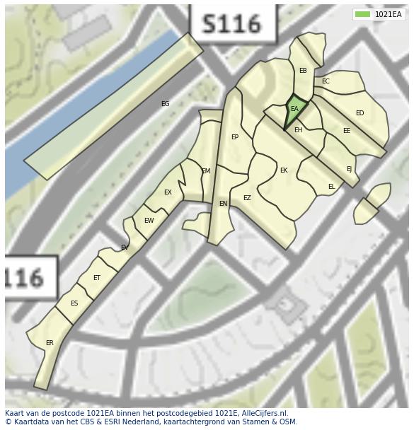 Afbeelding van het postcodegebied 1021 EA op de kaart.