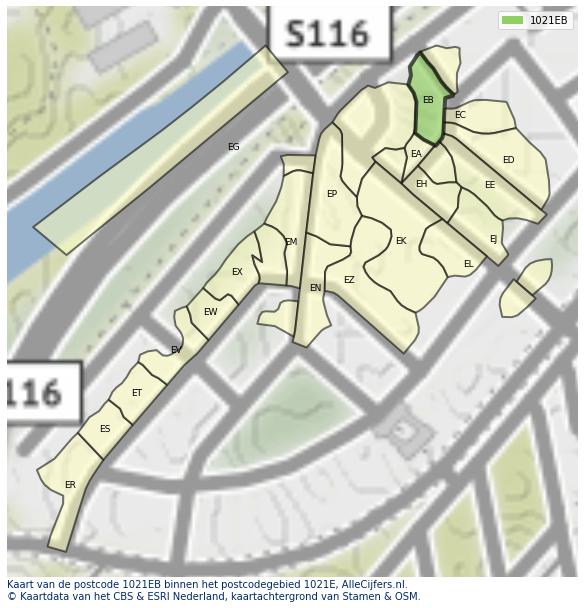 Afbeelding van het postcodegebied 1021 EB op de kaart.