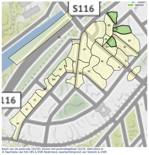 Afbeelding van het postcodegebied 1021 EC op de kaart.