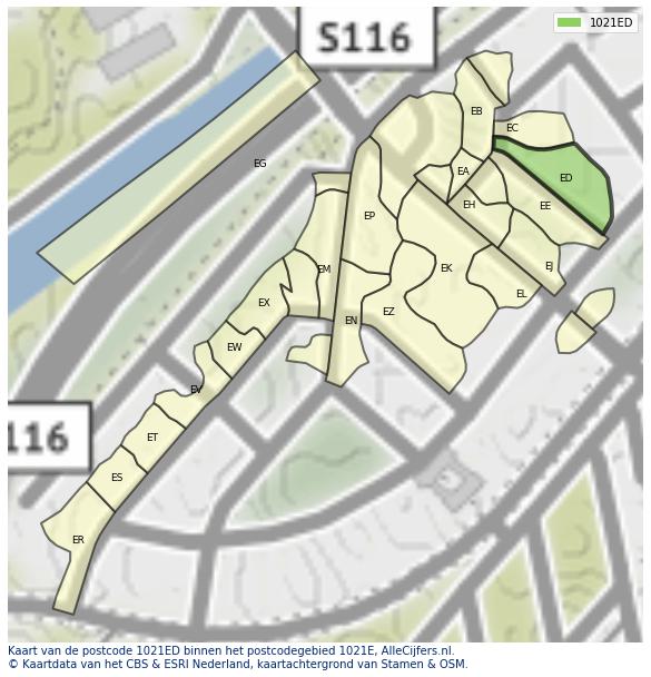 Afbeelding van het postcodegebied 1021 ED op de kaart.