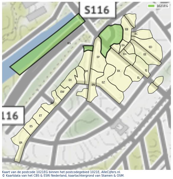 Afbeelding van het postcodegebied 1021 EG op de kaart.
