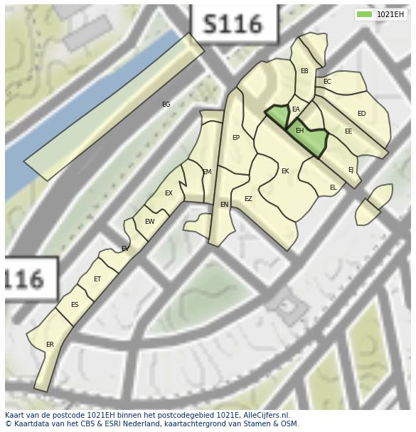 Afbeelding van het postcodegebied 1021 EH op de kaart.