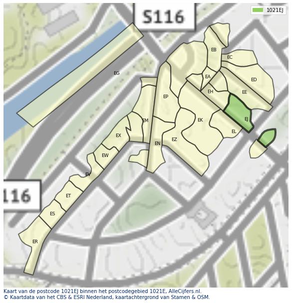 Afbeelding van het postcodegebied 1021 EJ op de kaart.