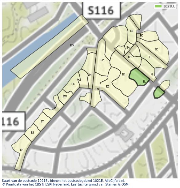 Afbeelding van het postcodegebied 1021 EL op de kaart.