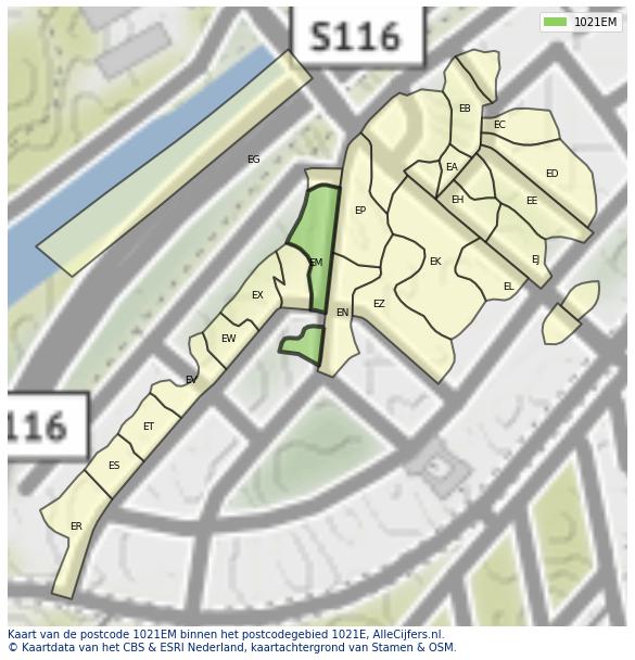 Afbeelding van het postcodegebied 1021 EM op de kaart.