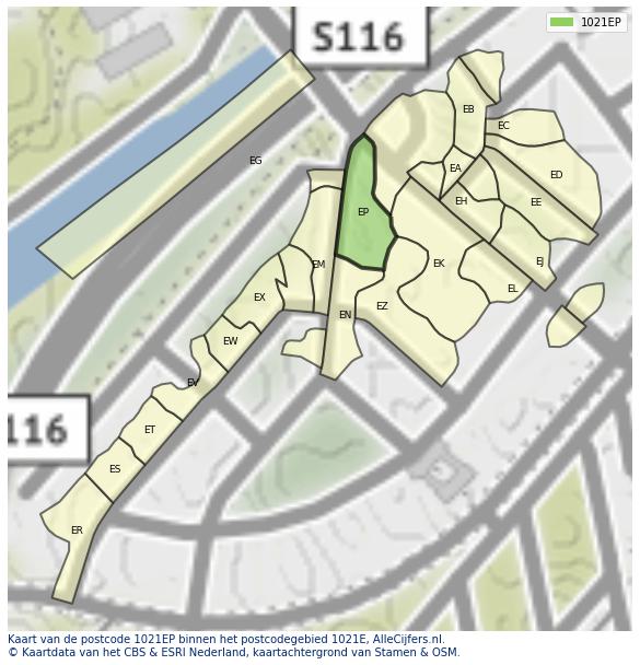 Afbeelding van het postcodegebied 1021 EP op de kaart.