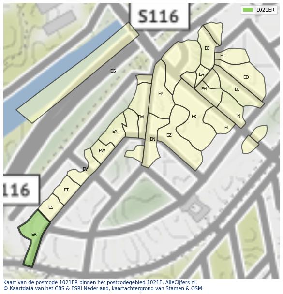 Afbeelding van het postcodegebied 1021 ER op de kaart.