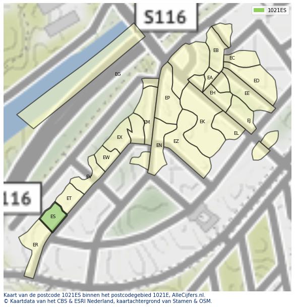 Afbeelding van het postcodegebied 1021 ES op de kaart.