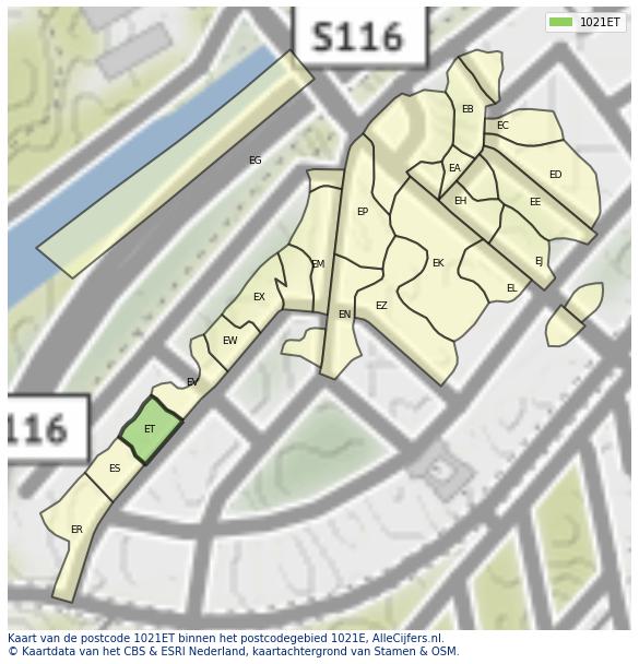 Afbeelding van het postcodegebied 1021 ET op de kaart.
