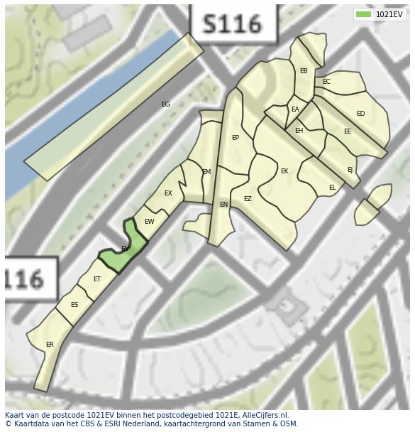 Afbeelding van het postcodegebied 1021 EV op de kaart.