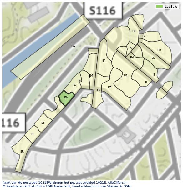 Afbeelding van het postcodegebied 1021 EW op de kaart.