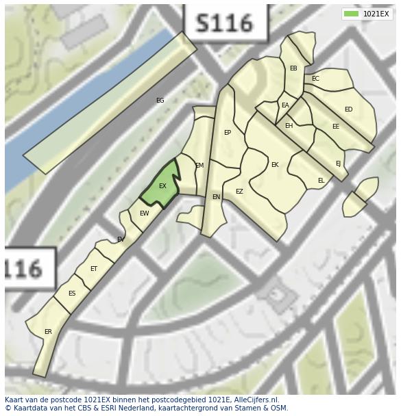 Afbeelding van het postcodegebied 1021 EX op de kaart.