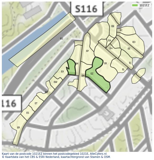Afbeelding van het postcodegebied 1021 EZ op de kaart.