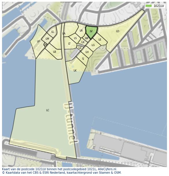 Afbeelding van het postcodegebied 1021 LV op de kaart.