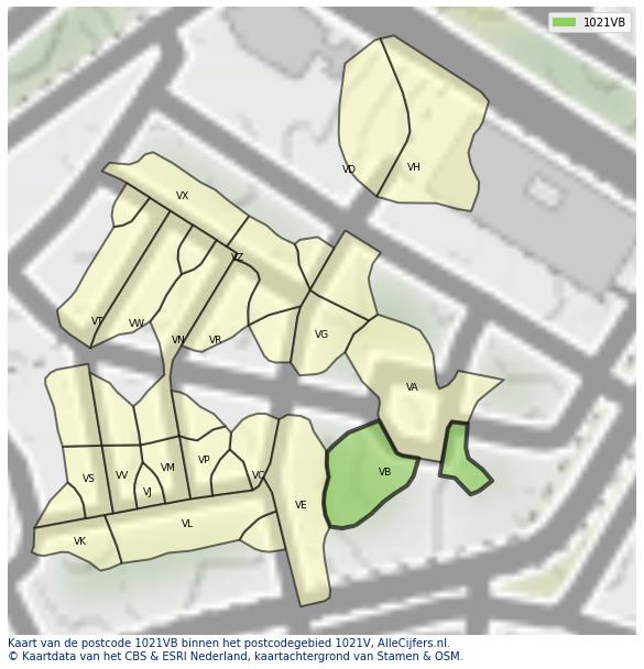 Afbeelding van het postcodegebied 1021 VB op de kaart.