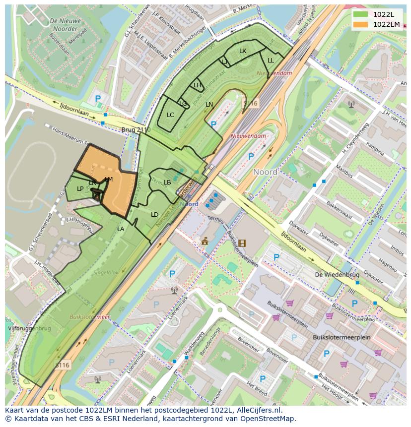 Afbeelding van het postcodegebied 1022 LM op de kaart.
