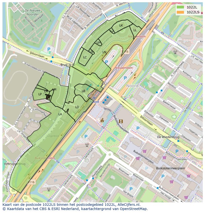 Afbeelding van het postcodegebied 1022 LS op de kaart.