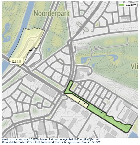 Afbeelding van het postcodegebied 1022 WV op de kaart.