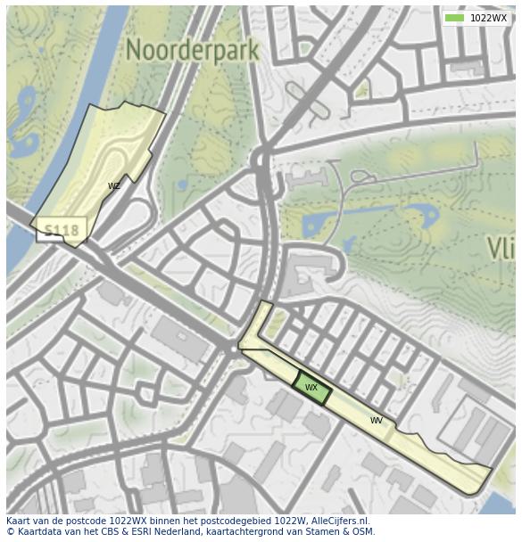 Afbeelding van het postcodegebied 1022 WX op de kaart.