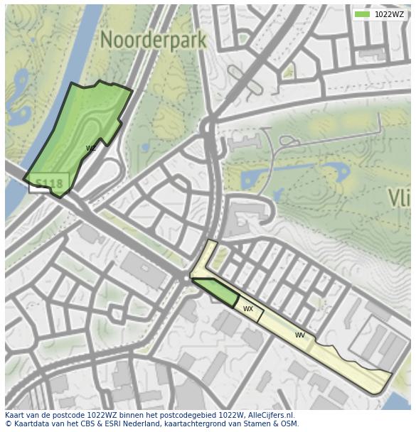 Afbeelding van het postcodegebied 1022 WZ op de kaart.